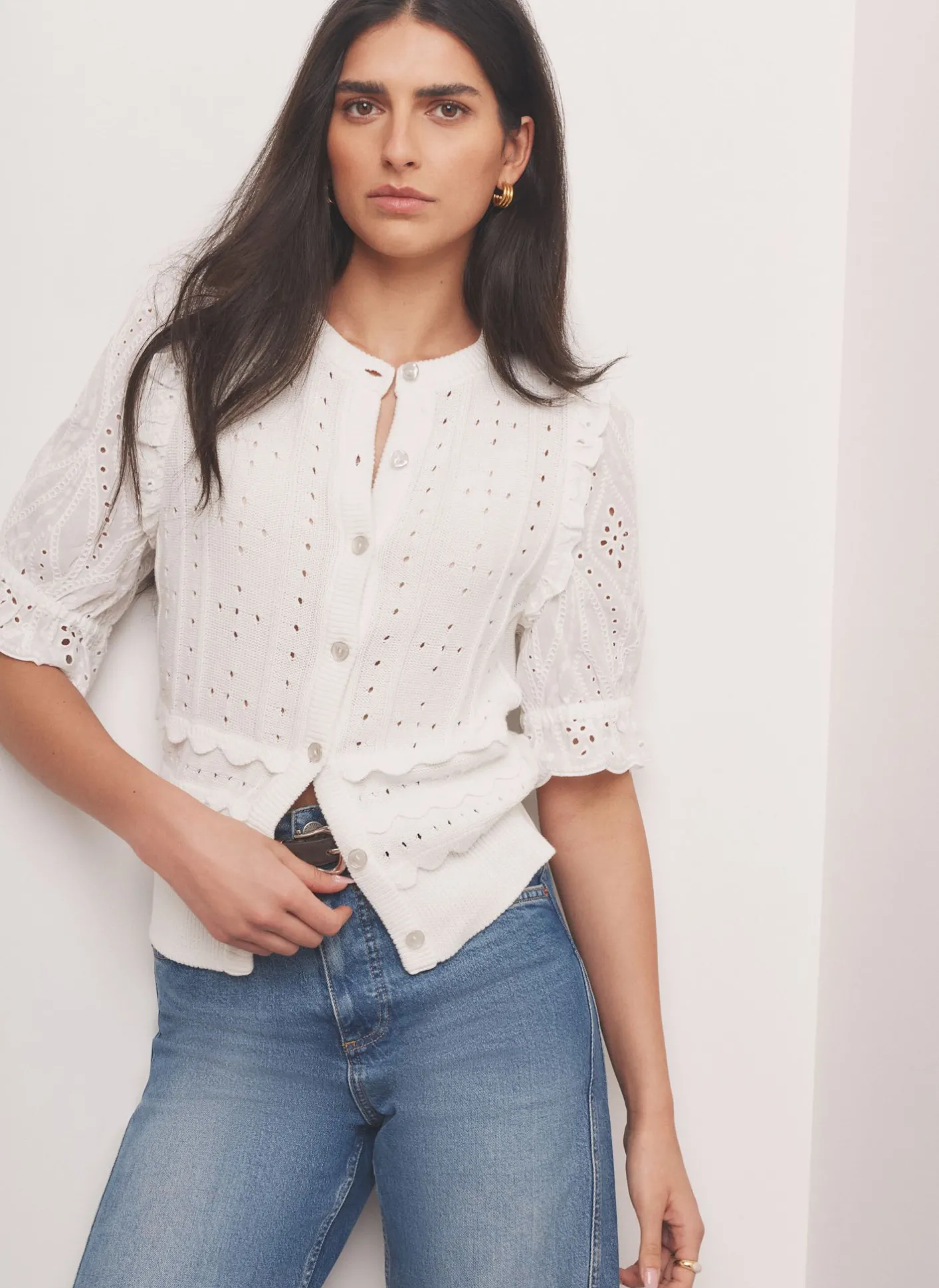 Online White Cotton Broderie Knit Top Knitted Tops|Knitted Tops