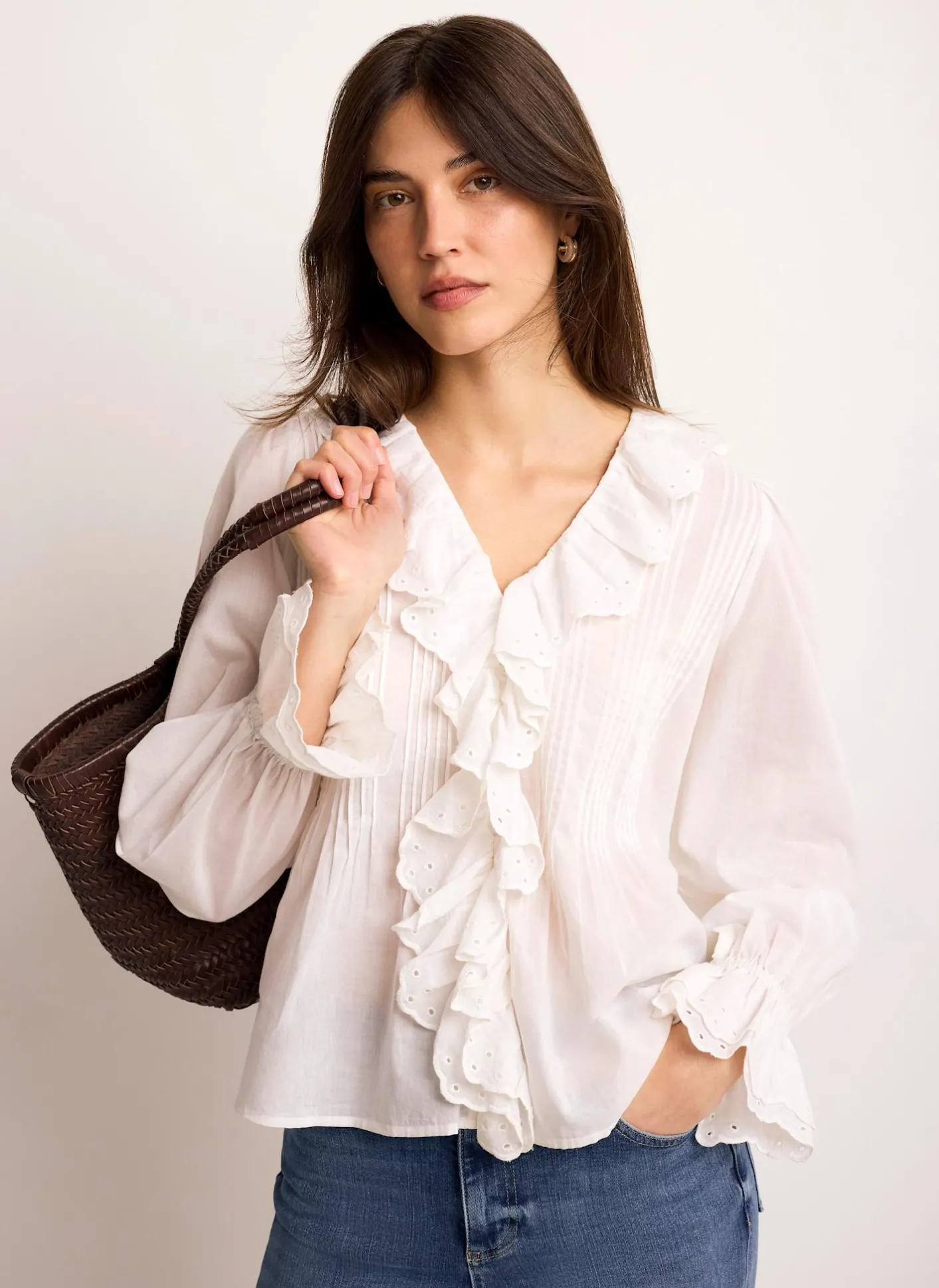 Hot White Cotton Ruffle Trim Blouse Shirts & Blouses|All Tops