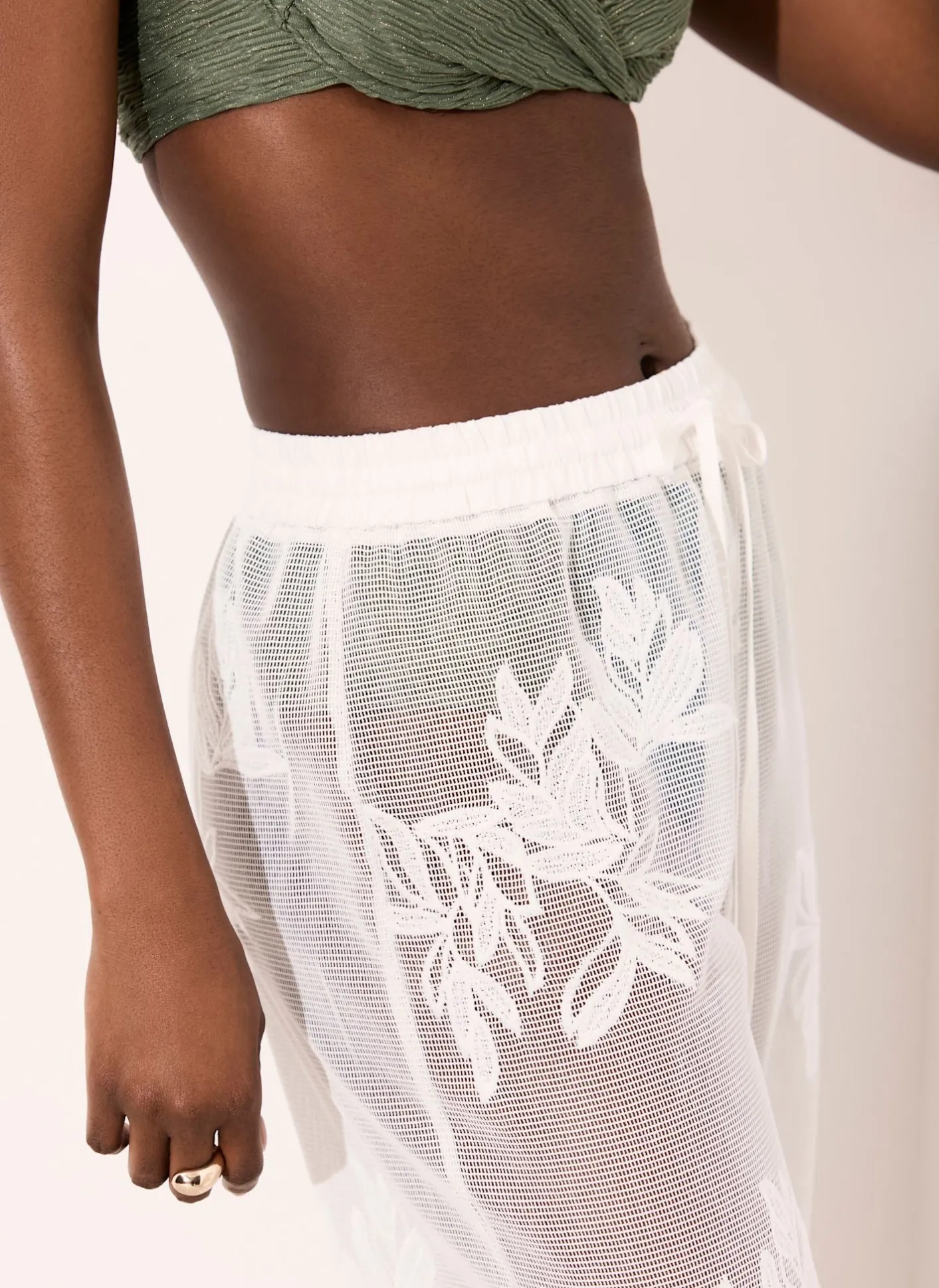 Clearance White Floral Detail Mesh Trousers Wide Leg Trousers|Trousers