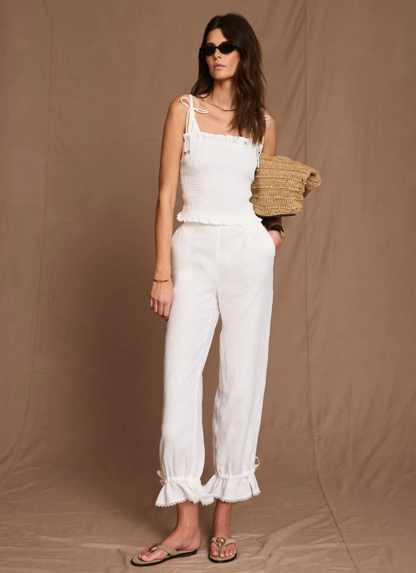 Clearance White Linen Ruffle Hem Cropped Trousers Trousers