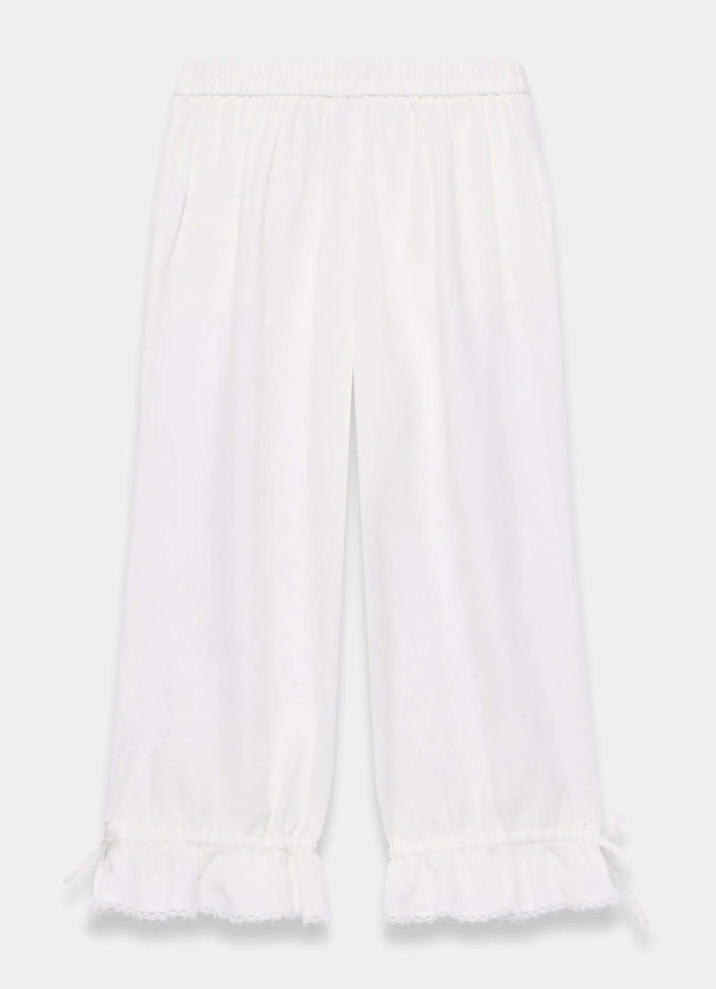 Clearance White Linen Ruffle Hem Cropped Trousers Trousers