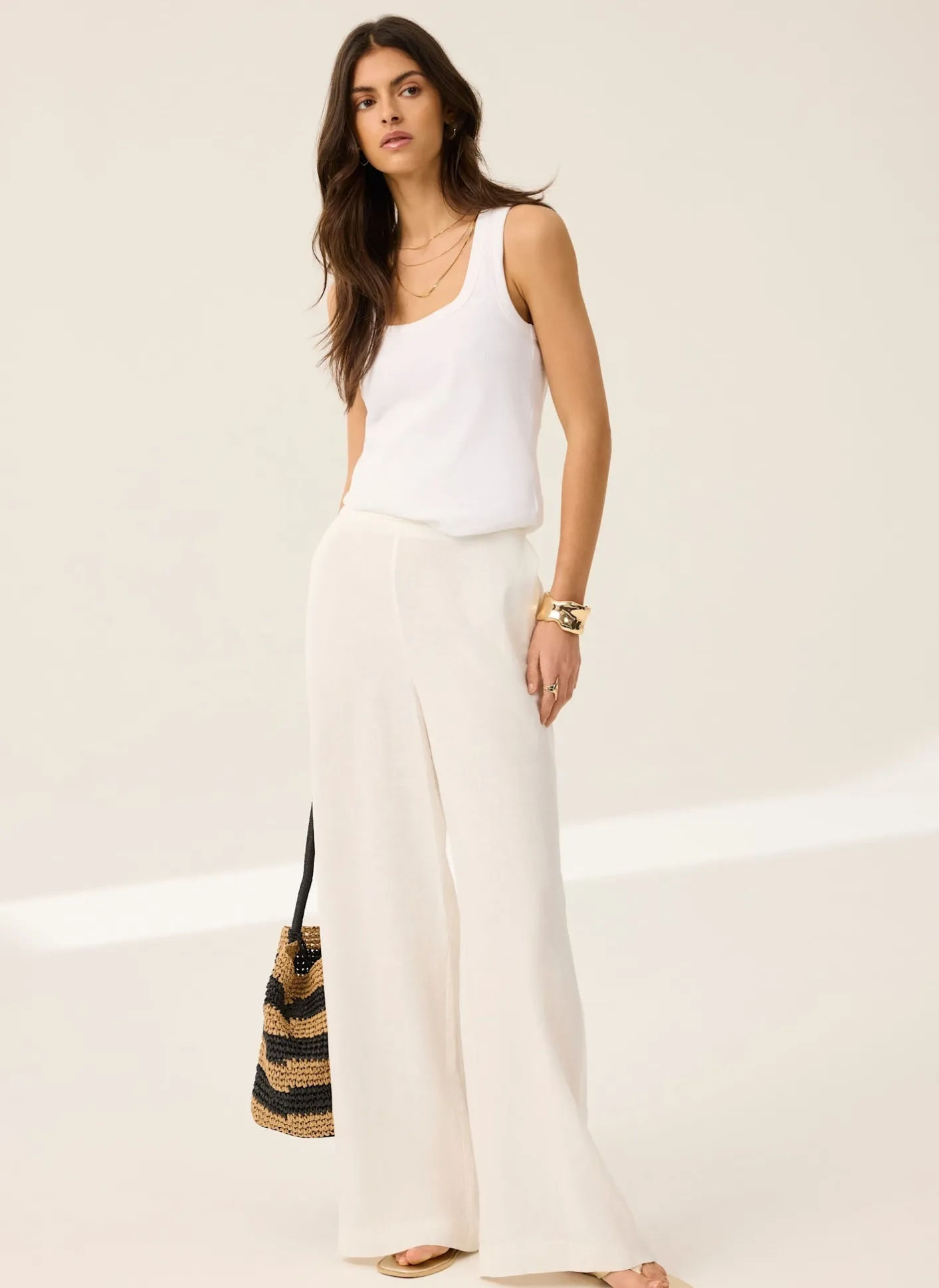 Hot White Linen Scallop Trim Trousers Wide Leg Trousers|Trousers