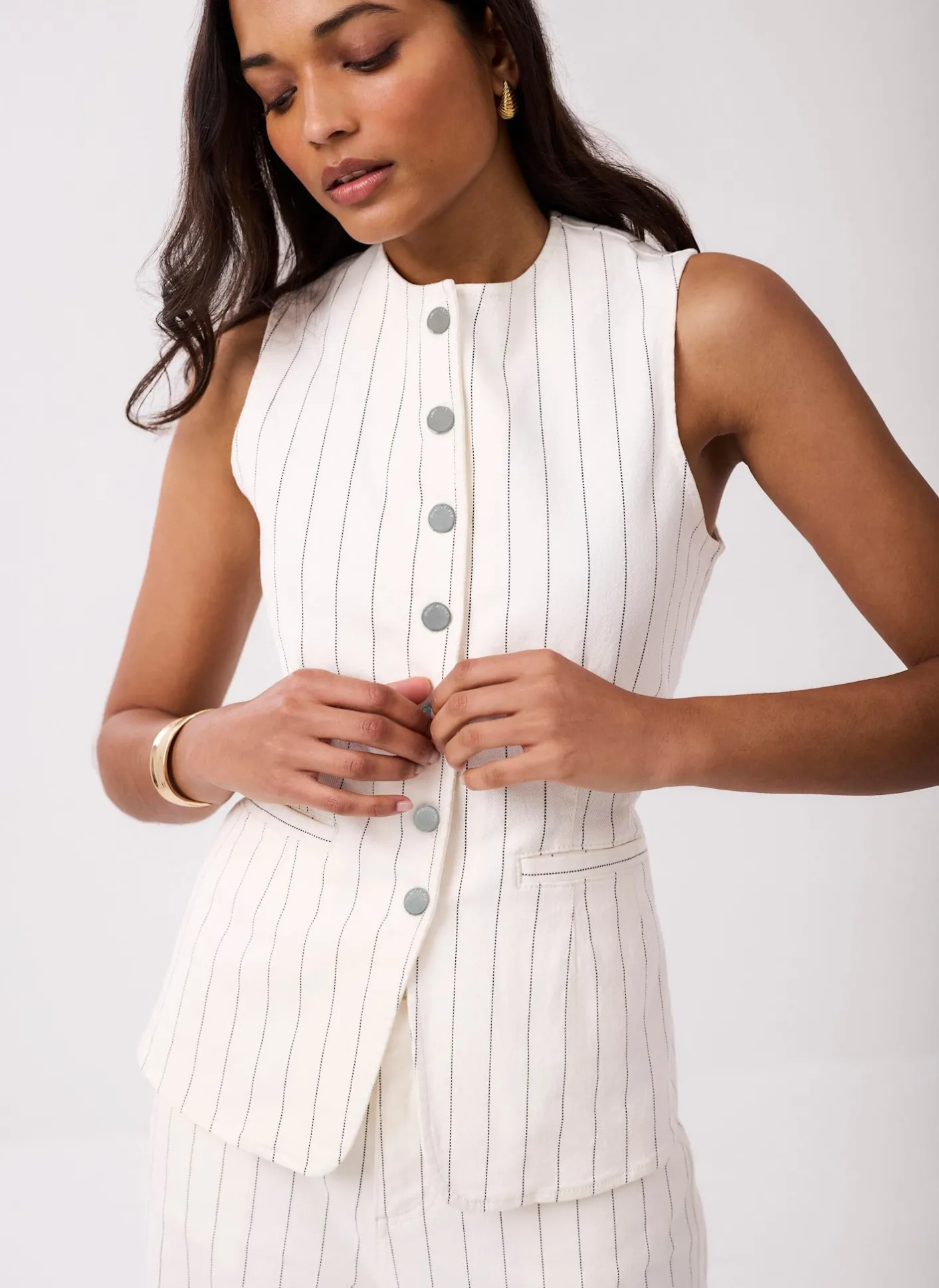 Hot White Pinstripe Denim Waistcoat Waistcoats|Jackets