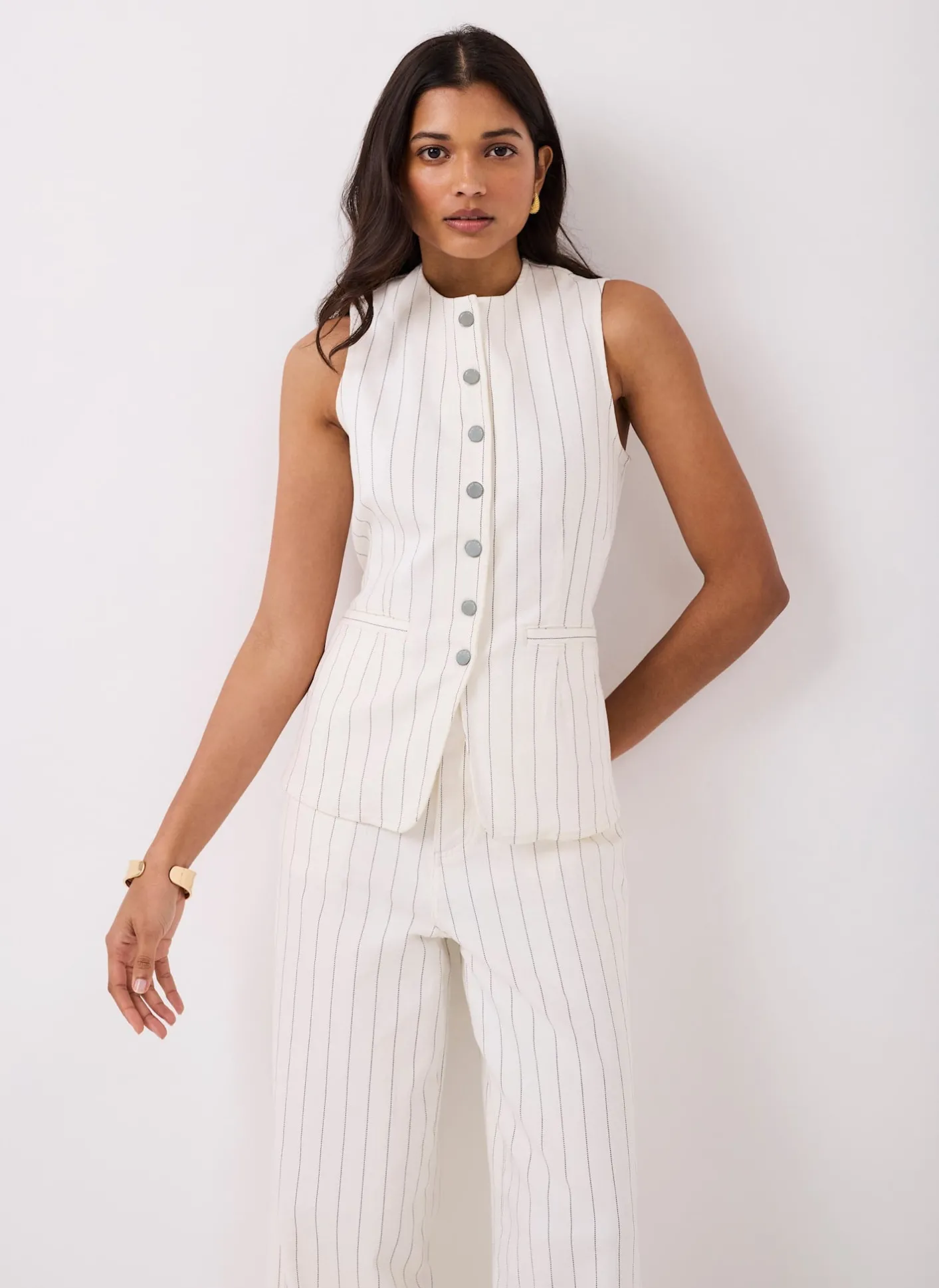 Hot White Pinstripe Denim Waistcoat Waistcoats|Jackets