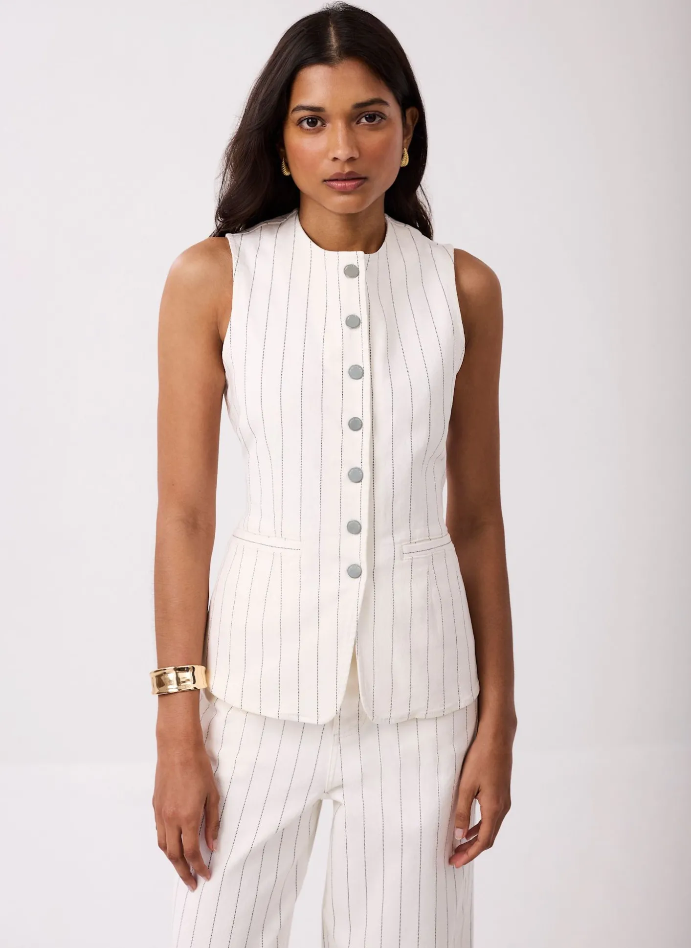 Hot White Pinstripe Denim Waistcoat Waistcoats|Jackets