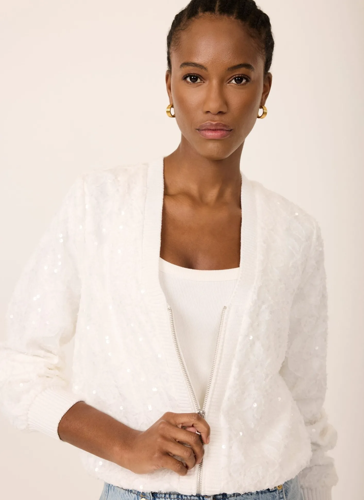 Clearance White Sequin Bomber Jacket Jackets